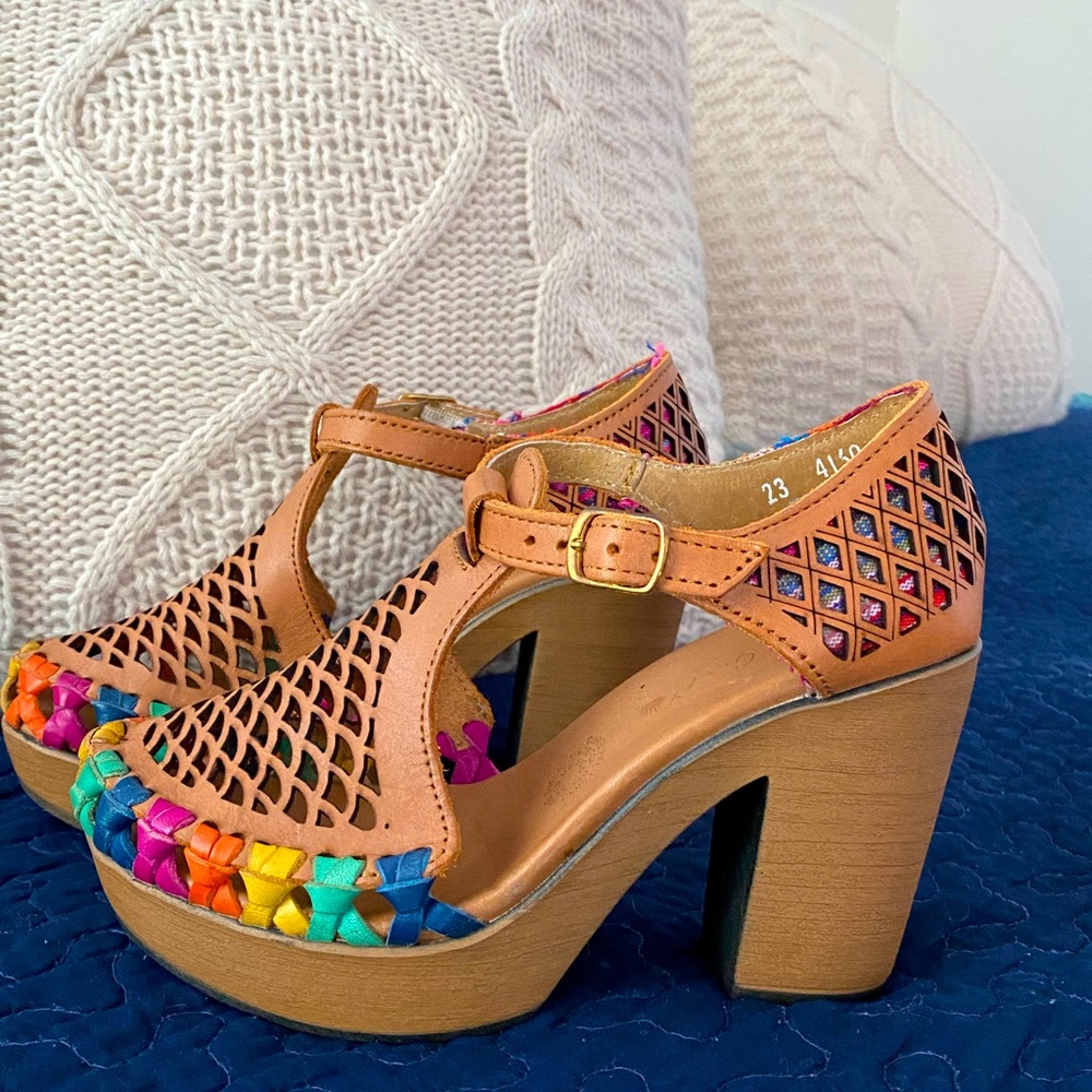 Genuine handmade leather boho heeled sandals